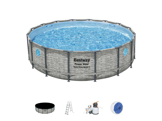 Bestway Power Steel Swim Vista Stahlrahmenpool ∅ 488 x 122 cm | Komplettset Rund, Grau