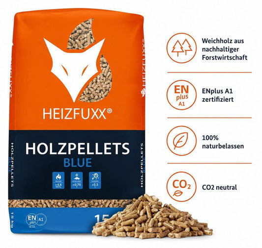 Heizfuxx® Blue Holzpellets Weichholz | 300 kg Palette (20 x 15 kg Säcke), ENplus® A1