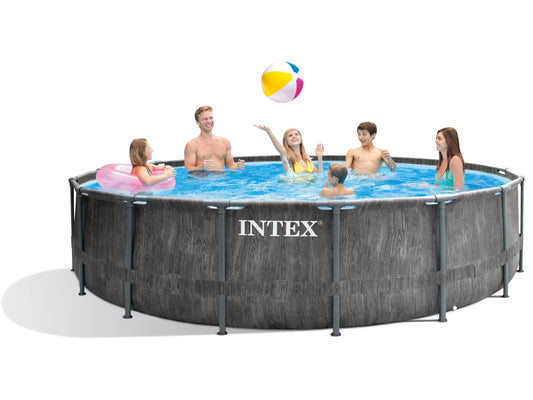 Intex Prism Greywood Premium Frame Pool Set ∅ 457 x 122 cm | Rund, Holzoptik Grau